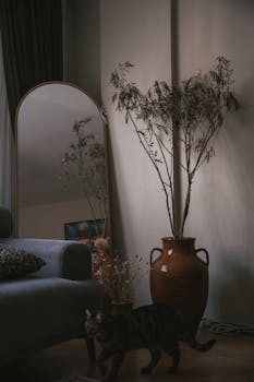 Elegant living room with a cat, large mirror, and decorative plants in Istanbul.