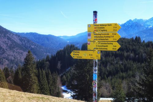 Free Colorful signpost on an Alpine hiking trail with mountain views. Stock Photo