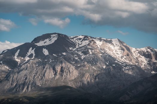 Beautiful snow-capped mountains under a cloudy sky, showcasing rugged terrain and natural beauty.