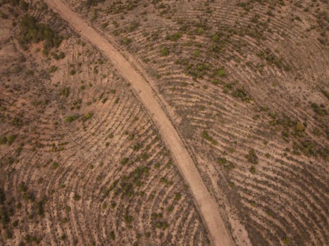 An aerial shot of a winding dirt road through a dry, rugged landscape.