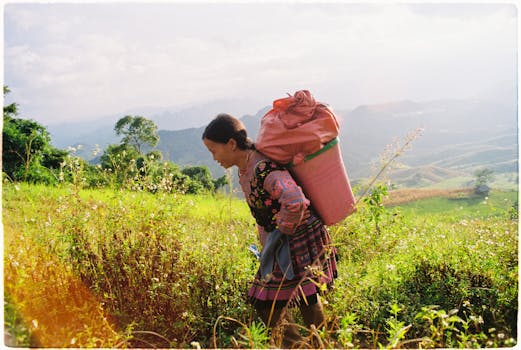A woman in traditional clothing carries a sack in a beautiful mountain landscape.