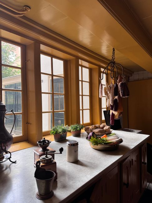 A charming kitchen in Amsterdam with plants, spices, and natural light, displaying timeless charm.