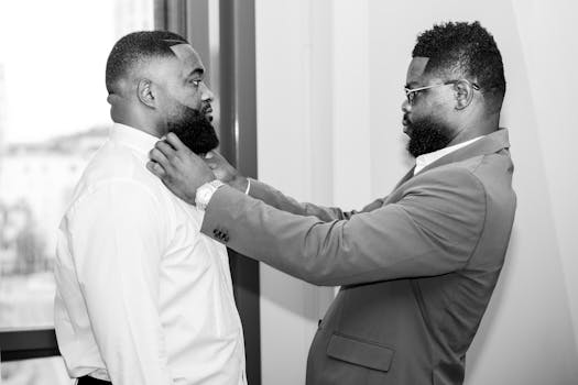 A groom receives final touches before his wedding ceremony, showcasing elegance and care.