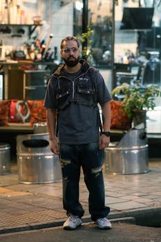 Portrait of a man in street style clothing outside a Tehran barbershop.