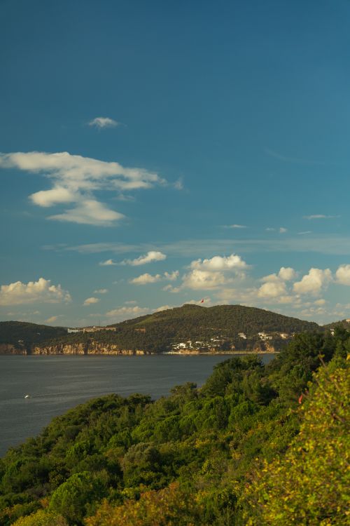 Free Tranquil coastal scene featuring lush greenery, a calm sea, and a distant hillside under a blue sky. Stock Photo