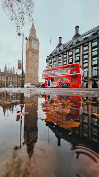 Big Ben and red double-decker bus reflected in a London puddle, capturing the essence of the city.