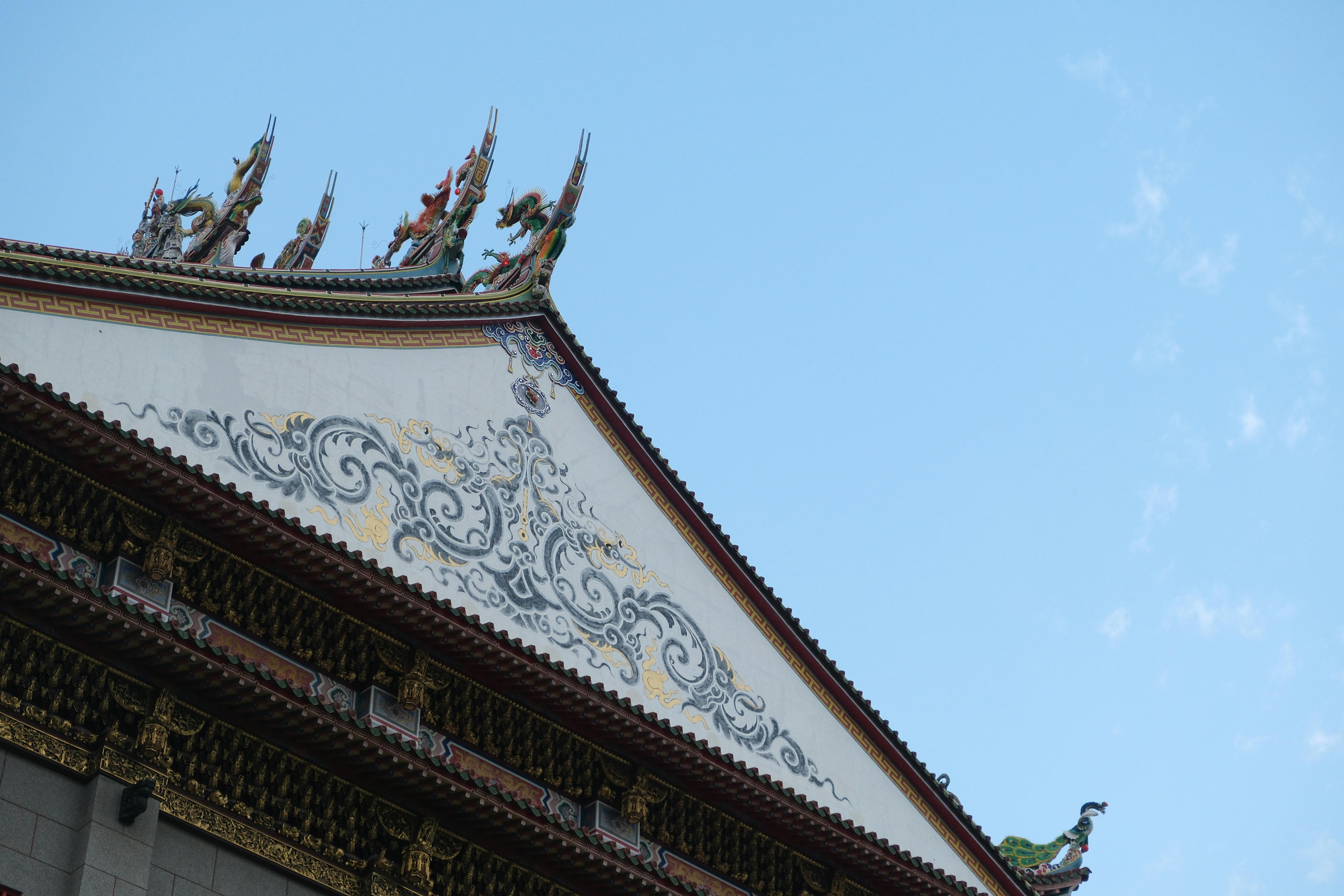 Detailed view of a traditional Asian temple roof with intricate designs against a clear blue sky.