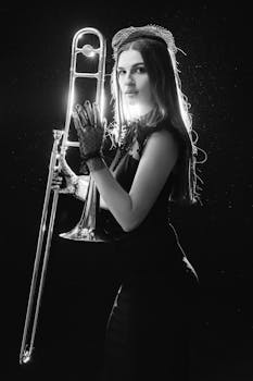 Stylish black and white portrait of a woman holding a trombone.