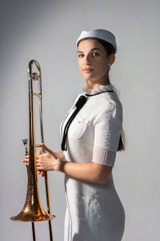 A stylish woman in elegant attire proudly holding a trombone, showcasing musical talent.
