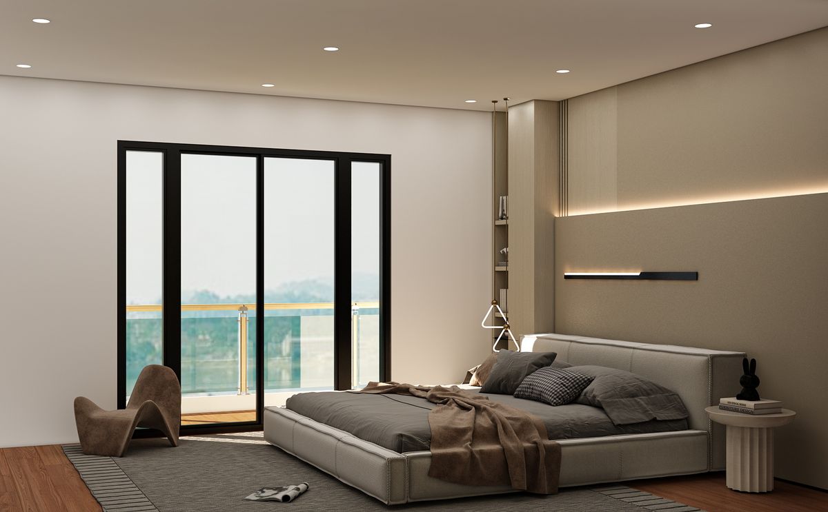 Minimalist bedroom with concealed cove lighting, recessed downlights and full-height balcony glazing