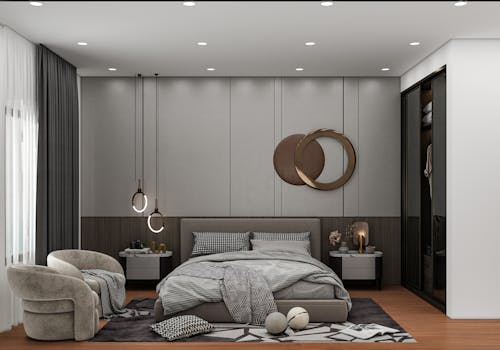 A sleek modern bedroom featuring minimalist decor with neutral tones, luxurious furniture, and stylish lighting.