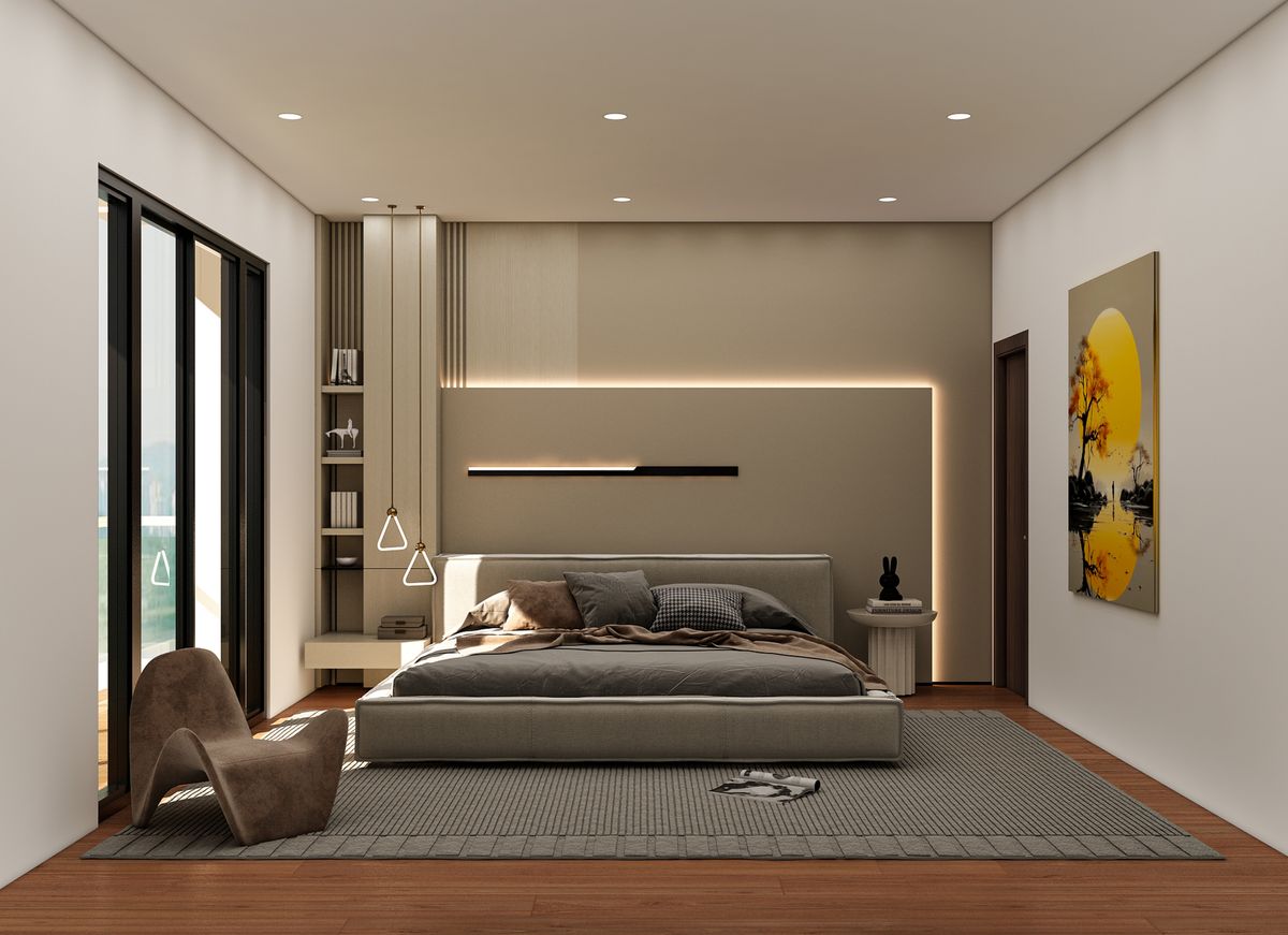 Modern minimalist bedroom with elegant neutral tones, natural wood platform bed, and refined Chinese aesthetic — Neo-Chinese bedroom design