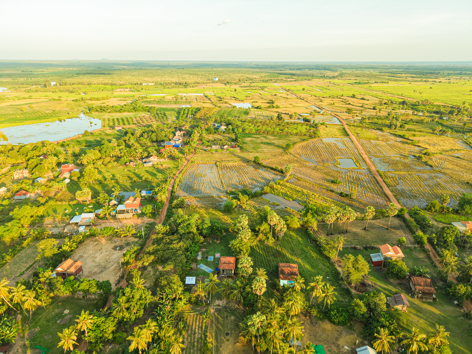 Aerial view of lush rice paddies and rural countryside, Cambodia — full country itinerary route