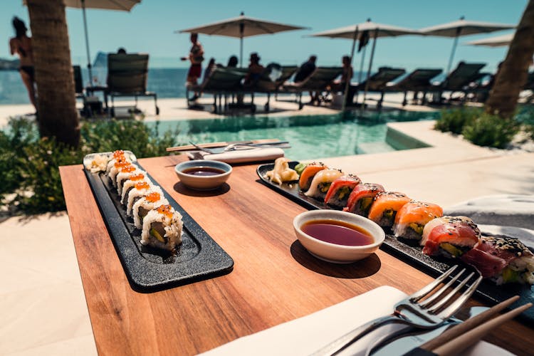 Sushi Roll On Tray And Table