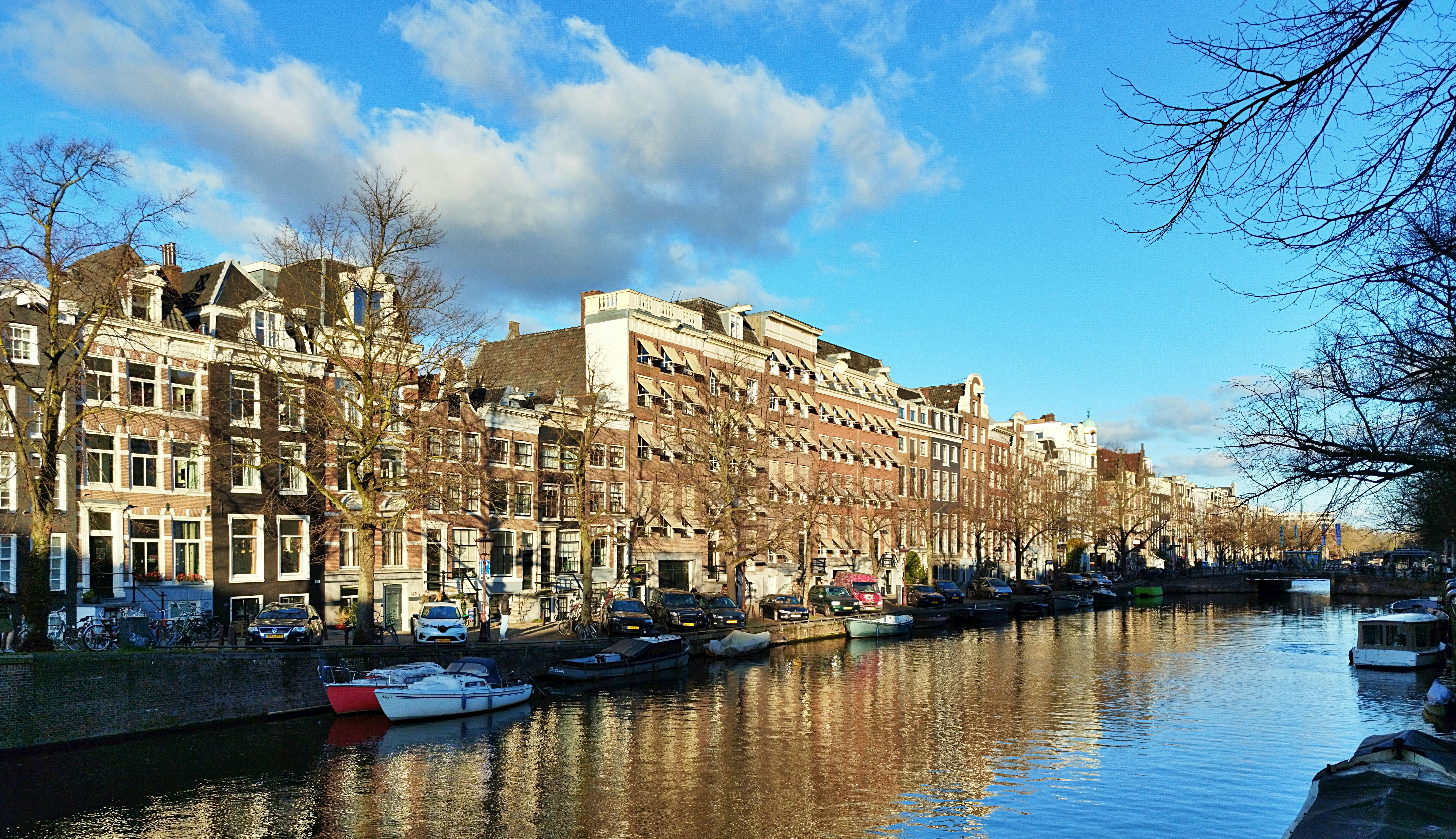 Charming Amsterdam canal view with historic buildings and a clear blue sky, reflecting winter serenity.