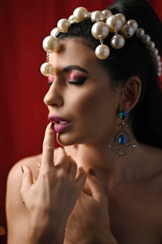 Close-up portrait of a woman wearing a pearl headpiece with dramatic makeup against a red background.