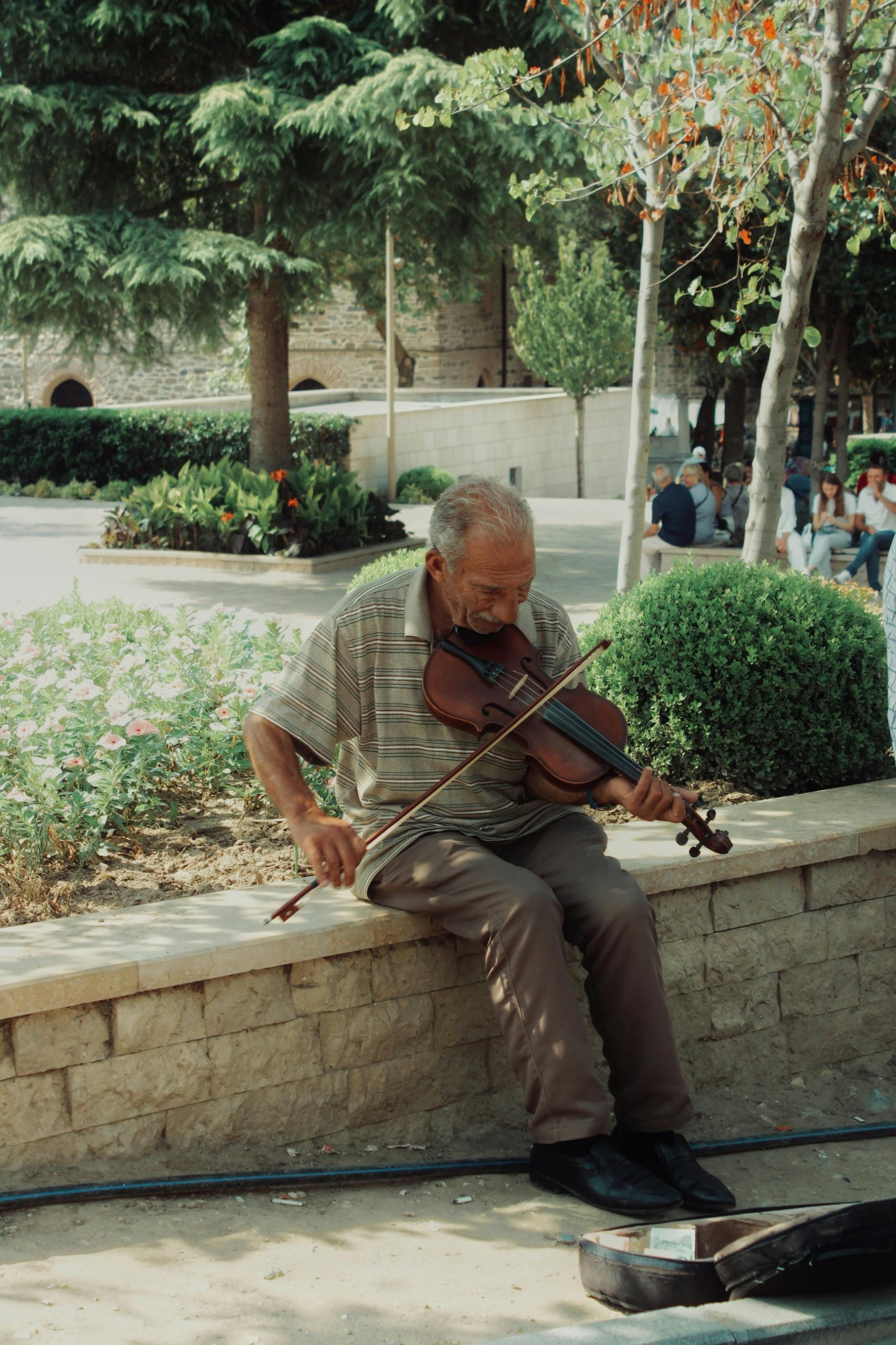 An elderly man plays the violin passionately in a sunny Bursa park, surrounded by nature.