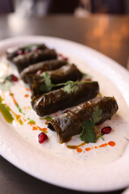 Free A close-up of stuffed grape leaves with garnish on a white plate. Stock Photo