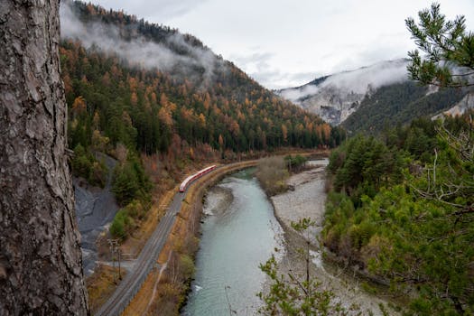 A scenic view of a train winding through the picturesque Safiental Valley in Switzerland during autumn.