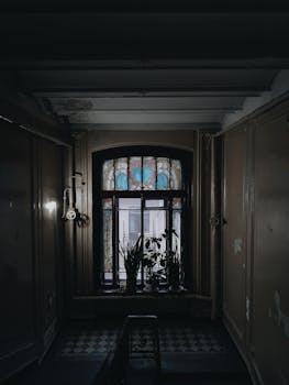 这条黑暗的走廊设有彩色玻璃窗和植物剪影，非常适合作为室内设计的灵感来源