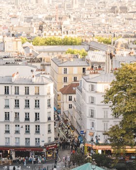 A picturesque aerial view over the historic streets of Paris, France, showcasing classic architecture.