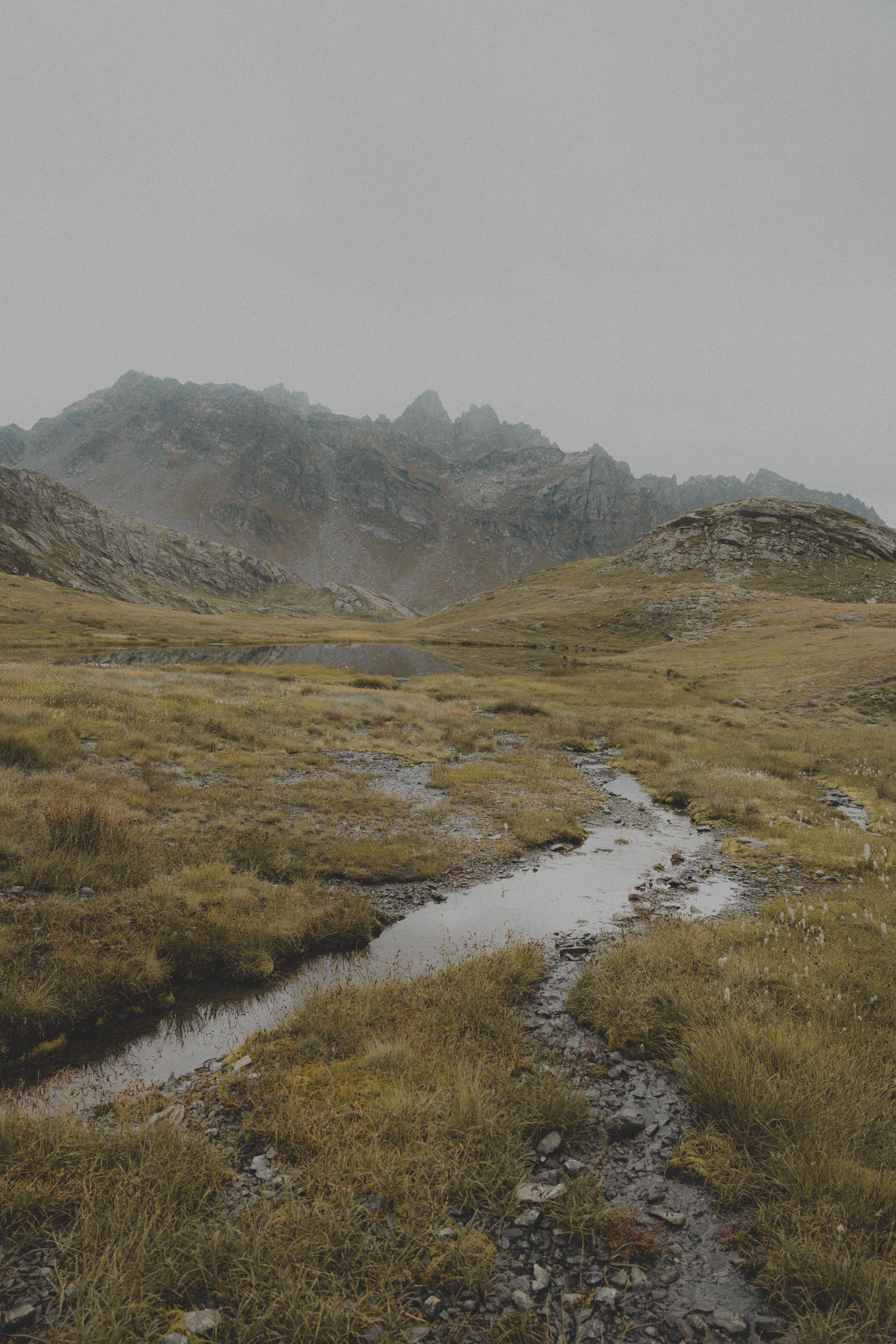 A tranquil scene of the French Alps with moody mountains and a winding river.