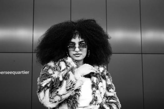 Black and white portrait of a fashionable woman in a fur coat and sunglasses.