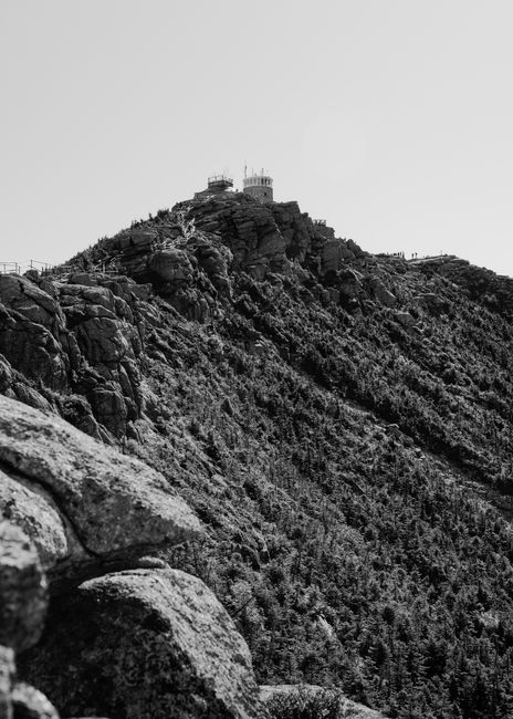 Black and white view of Whiteface Mountain summit in Adirondack Park, NY