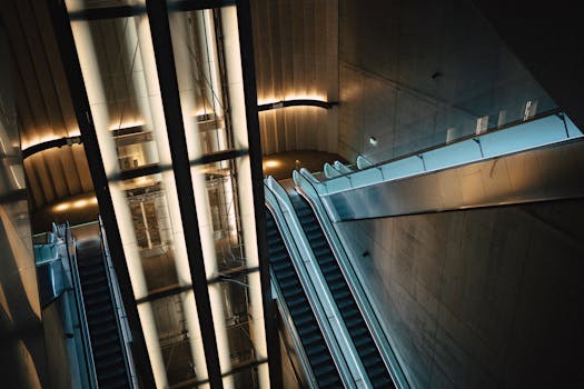 Scala mobile futuristica dal design moderno, che mette in mostra elementi architettonici urbani all'interno.