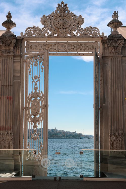 Free Intricate gate with sea view of Bosphorus Strait on a clear day. Stock Photo