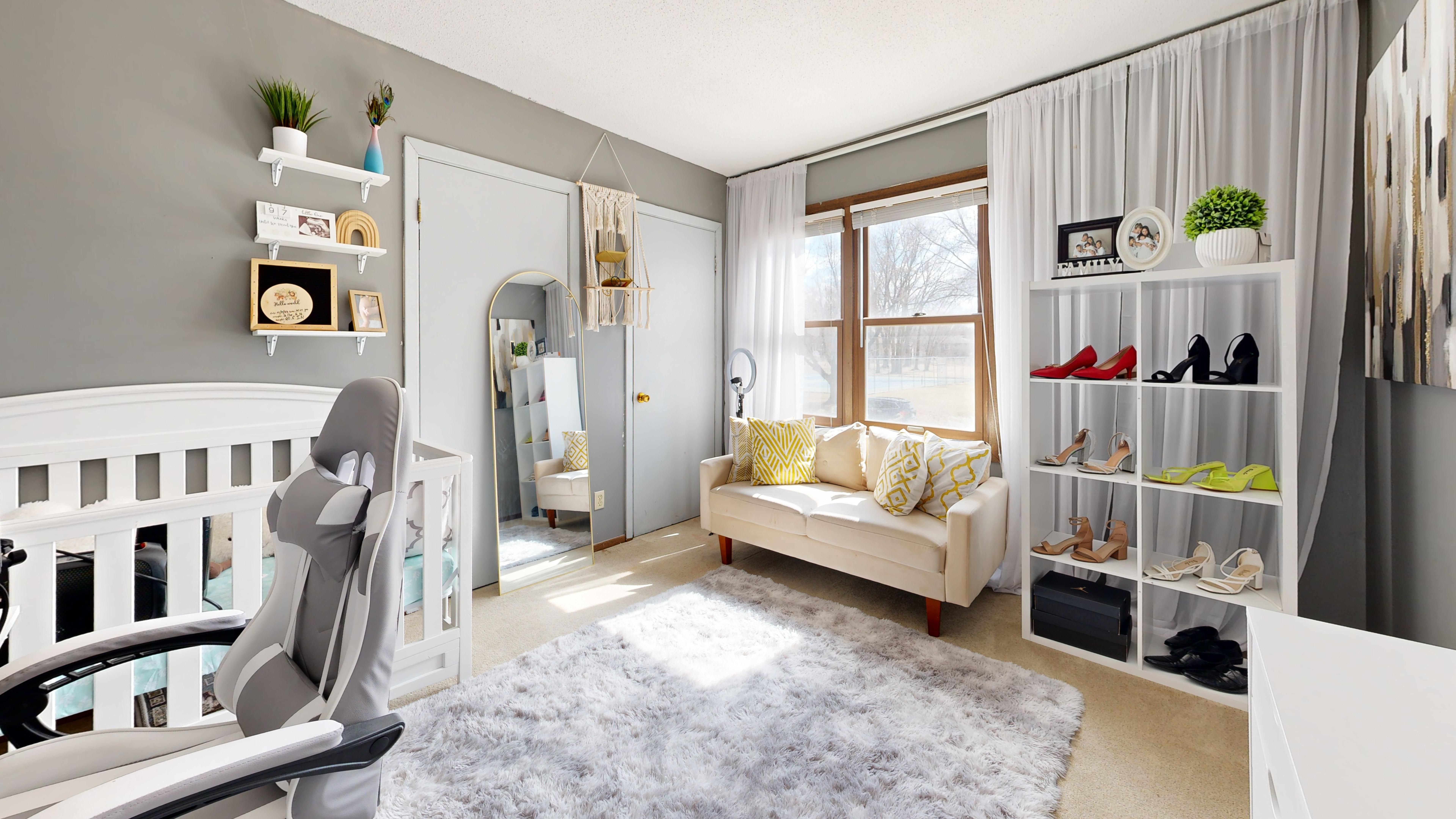 Bright and airy living room with chic decor, perfect for relaxation or work.