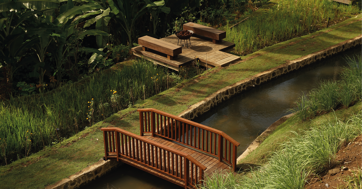 A tranquil wooden bridge over a stream surrounded by lush greenery in Bali, Indonesia.
