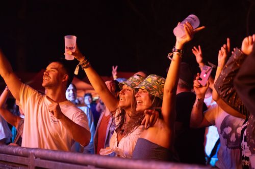 Free Lively group of adults waving hands and holding drinks at a nighttime outdoor music festival. Stock Photo