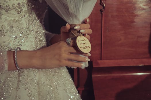 Close-up of a bride in a white gown holding a bouquet, showcasing intricate details.