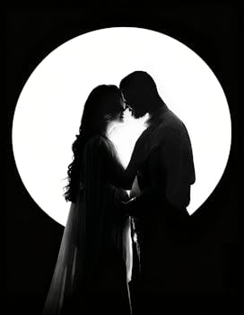 Silhouette of a couple embracing in front of a circular light backdrop.