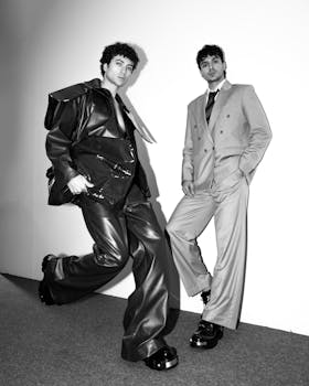 Two men in modern fashion pose in a stylish black and white photo.