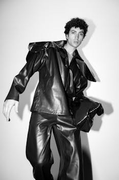 Fashionable man in bold black leather attire striking a modern pose.