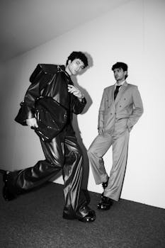 Artistic black and white photo of two stylish men in suits, one in motion.