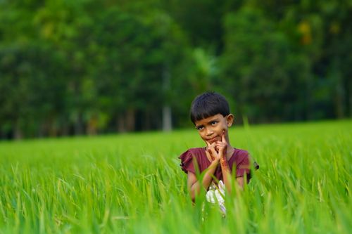 Free A young Bangladeshi girl playfully poses in a vibrant, green village field in Rangpur. Stock Photo
