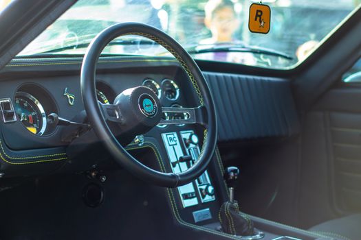 Close-up of the interior dashboard of a classic Anadol car, Ankara, Türkiye.