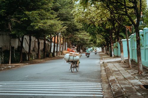 Free Bicyclist carrying goods on a peaceful tree-lined street in Kon Tum, Vietnam. Stock Photo