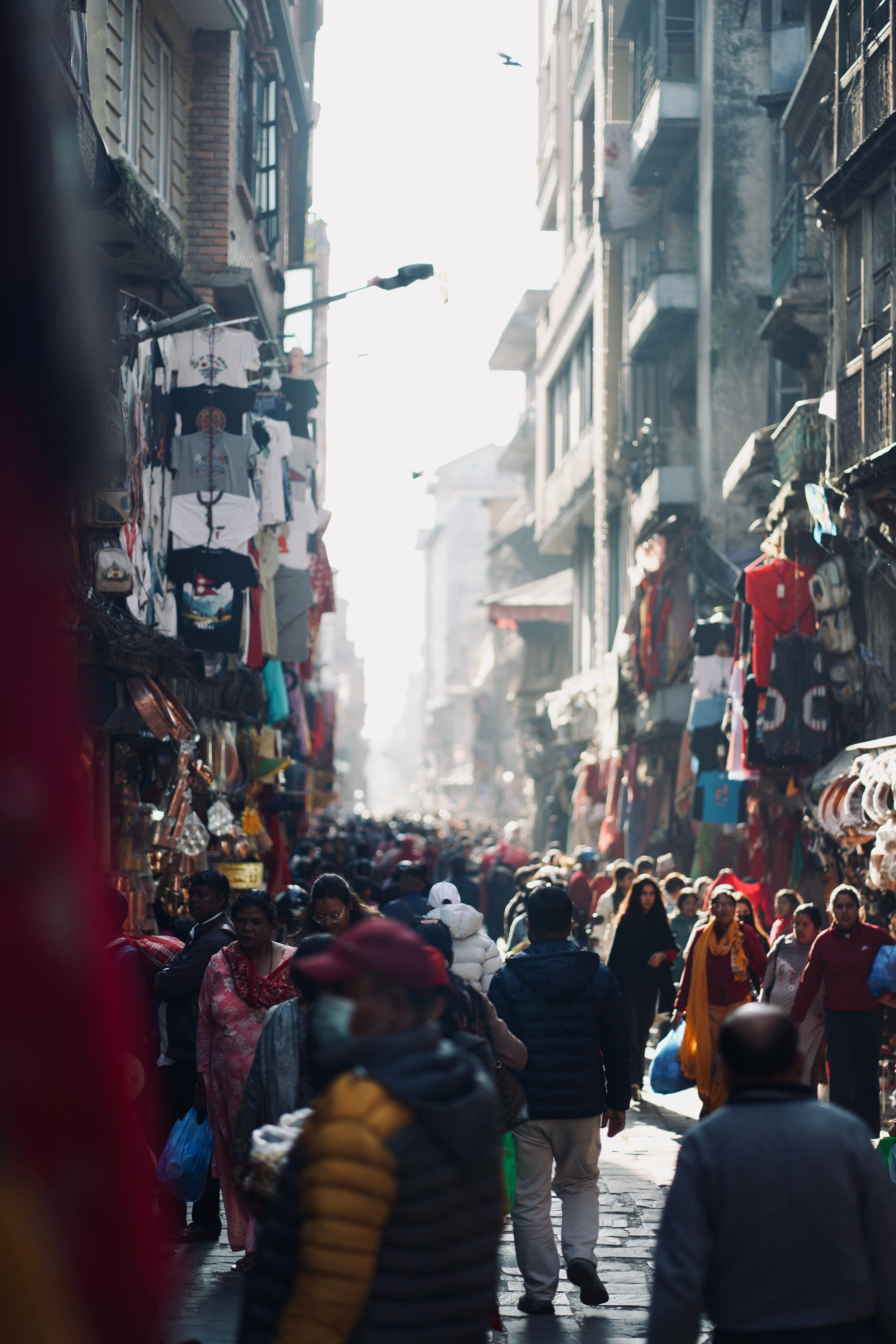 A crowded market lane in Kathmandu's old town