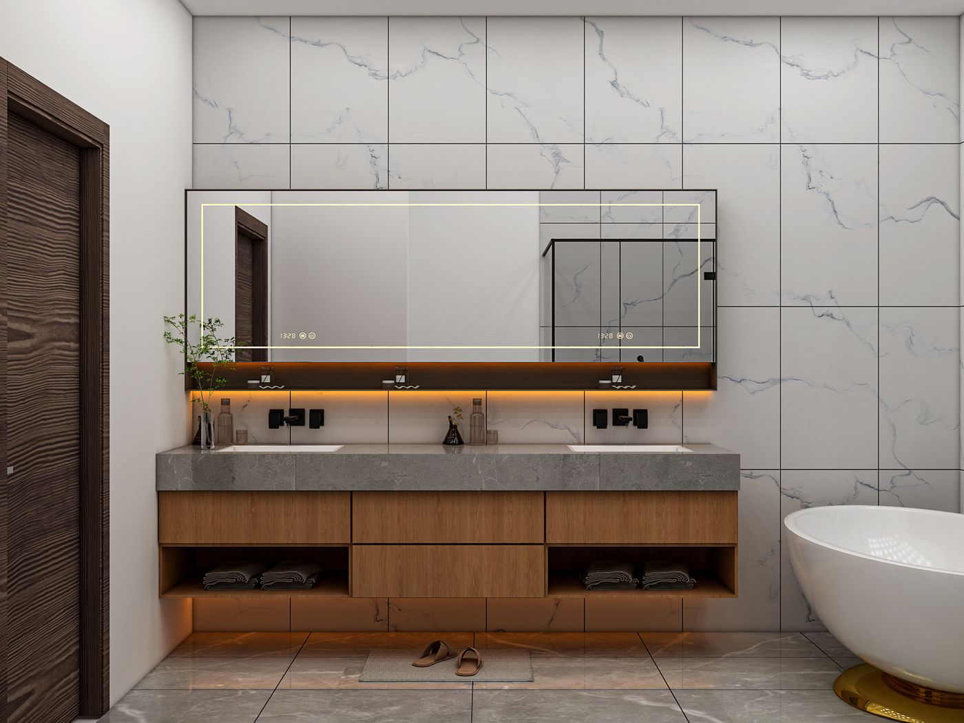 Modernes Badezimmer mit Doppelwaschtisch, großem Spiegel und Badewanne