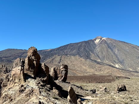 Scenic view of Mount Teide and rugged rock formations under a clear blue sky in Tenerife.