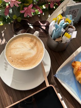 Table with coffee, croissant, sunglasses, and flowers in morning light.