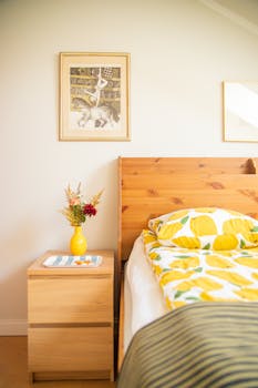 Bright bedroom with lemon print bedding and a wooden headboard.