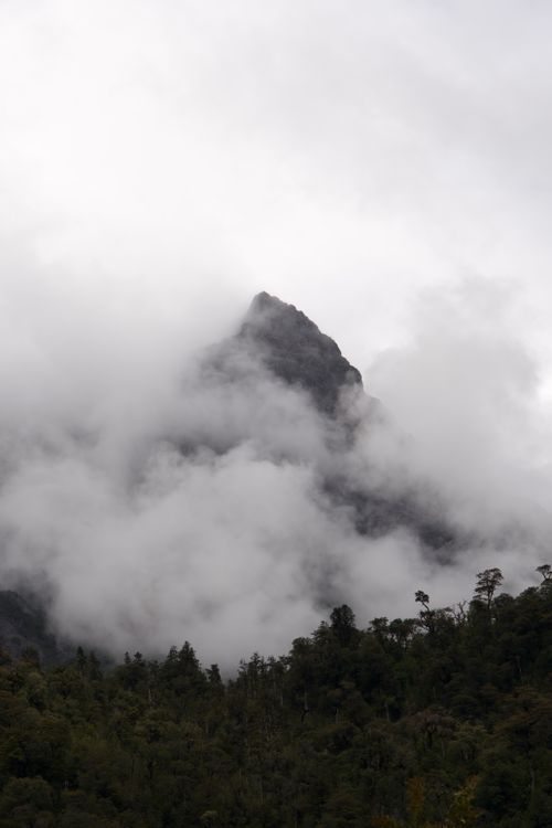 Free A dramatic mountain peak enveloped in mist and clouds, creating a mysterious atmosphere. Stock Photo