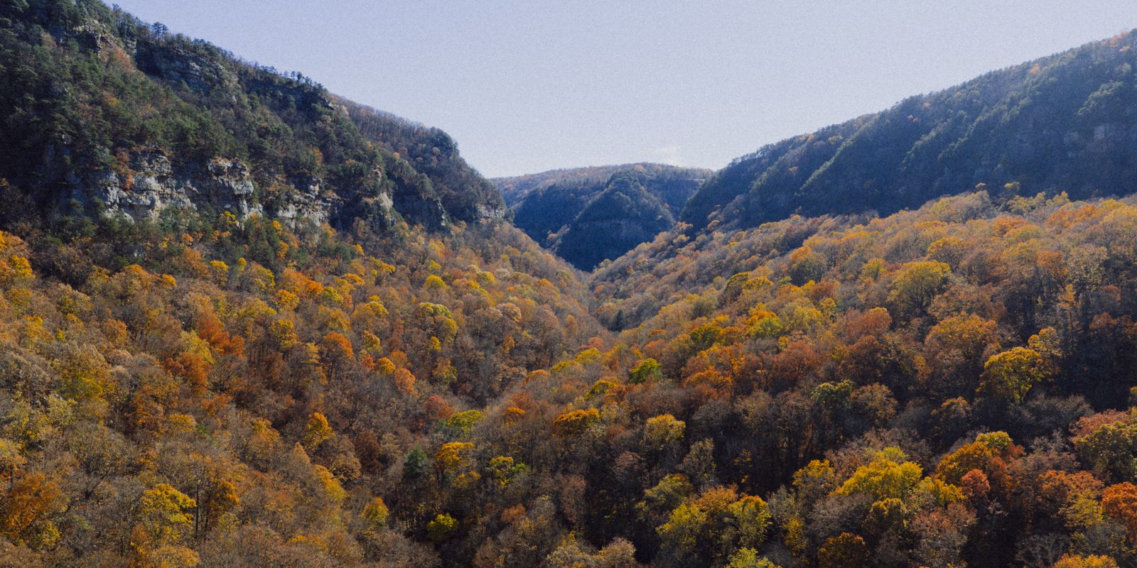 Aerial view of vibrant autumn foliage across a mountain valley