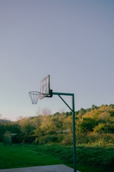 A basketball hoop stands against a calm landscape with trees and sky, creating a peaceful outdoor vibe.