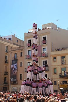 Traditional human tower during a festival in Catalonia, Spain.